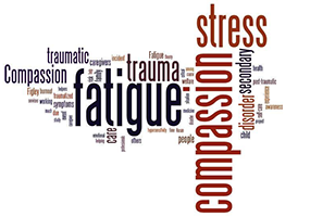 Word cloud containing the words stress, fatigue, trauma, etc. 