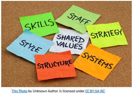 Post Its scattered on table containing the following words: Skills, Staff, Shared Values, Strategy, Systems, Structure, Style