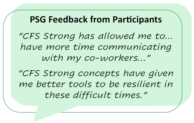PSG Feedback from Participants “CFS Strong has allowed me to…have more time communicating with my co-workers…” “CFS Strong concepts have given me better tools to be resilient in these difficult times.”